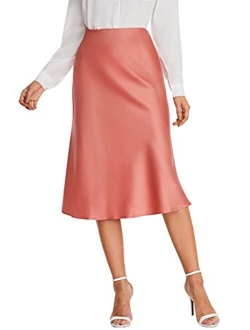 Women's Elegant High Waist Satin A Line Flared Midi Skirt