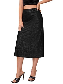 Women's Elegant Satin High Waisted Zipper A Line Flared Midi Skirt