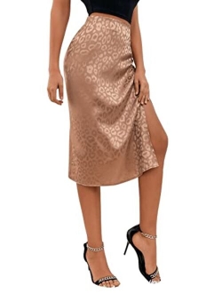 Women's Elegant Satin High Waisted Zipper A Line Flared Midi Skirt