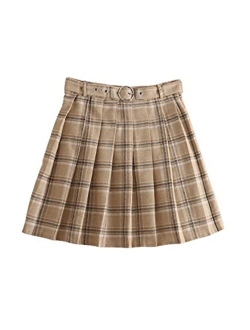 Women's High Waist Plaid Print Belted A Line Skater Pleated Skirt