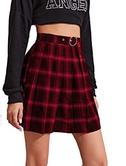 Women's High Waist Plaid Print Belted A Line Skater Pleated Skirt