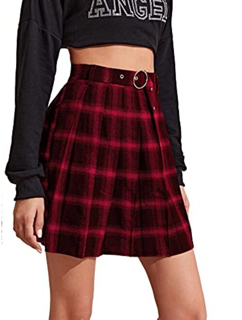 Verdusa Women's High Waist Plaid Print Belted A Line Skater Pleated Skirt