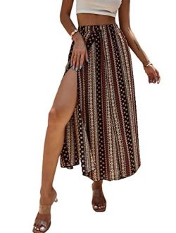 Women's High Split Tribal Print Striped Boho Elastic Waist Long Skirt