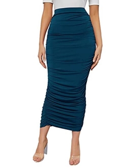 Women's High Waist Ruched Side Solid Long Bodycon Pencil Skirt