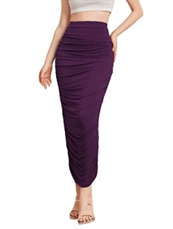 Women's High Waist Ruched Side Solid Long Bodycon Pencil Skirt