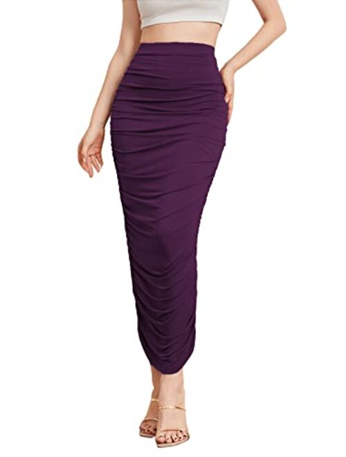 Verdusa Women's High Waist Ruched Side Solid Long Bodycon Pencil Skirt