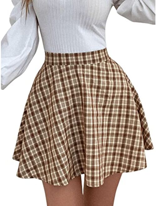 Verdusa Women's Plaid Print High Waist A Line Swing Flared Mini Skirt