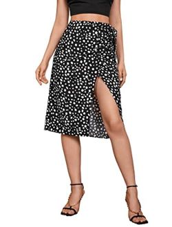 Women's Boho Dalmatian Print Wrap Knot Tie Slit High Waist Midi Skirt