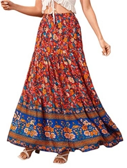 Women's Boho Vintage Floral Print Tie Waist A Line Maxi Skirts