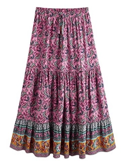 Women's Boho Vintage Floral Print Tie Waist A Line Maxi Skirts