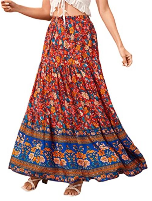 Milumia Women's Boho Vintage Floral Print Tie Waist A Line Maxi Skirts