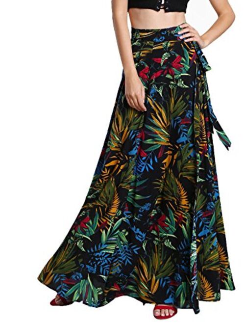 Milumia Women's Bohemian Wrap Slit Beach Skirt Tropical Floral Self Tie Long Maxi Skirt