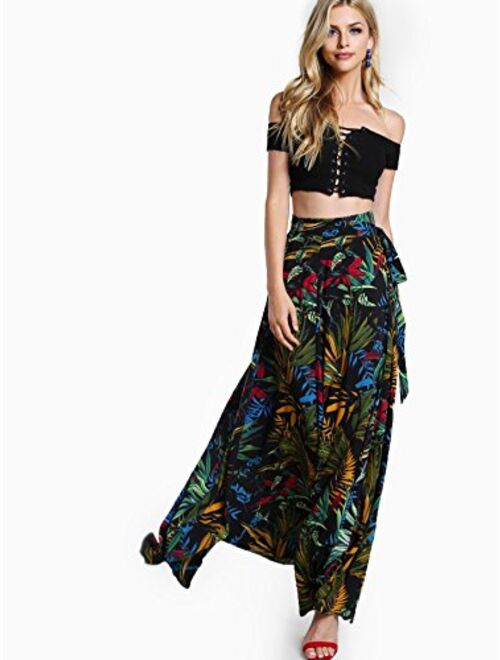 Milumia Women's Bohemian Wrap Slit Beach Skirt Tropical Floral Self Tie Long Maxi Skirt