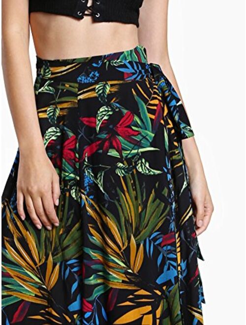 Milumia Women's Bohemian Wrap Slit Beach Skirt Tropical Floral Self Tie Long Maxi Skirt