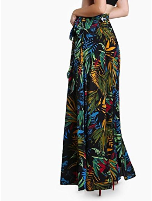 Milumia Women's Bohemian Wrap Slit Beach Skirt Tropical Floral Self Tie Long Maxi Skirt