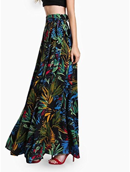 Milumia Women's Bohemian Wrap Slit Beach Skirt Tropical Floral Self Tie Long Maxi Skirt