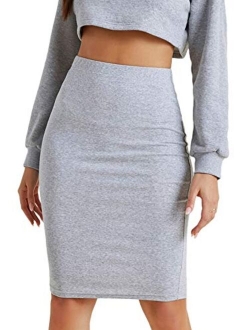 Women's Basic Stretchy Elastic High Waisted Bodycon Pencil Knee Length Skirt