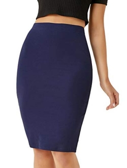 Women's Basic Stretchy Elastic High Waisted Bodycon Pencil Knee Length Skirt