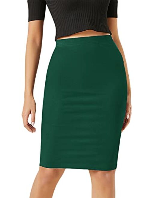 Milumia Women's Basic Stretchy Elastic High Waisted Bodycon Pencil Knee Length Skirt