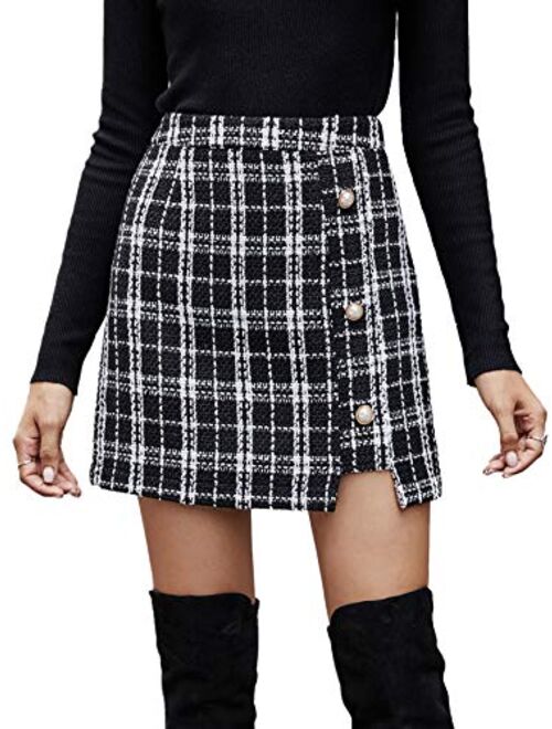 Milumia Women Elegant Plaid Button Front Mini Skirt High Waist Straight Tweed Skirt