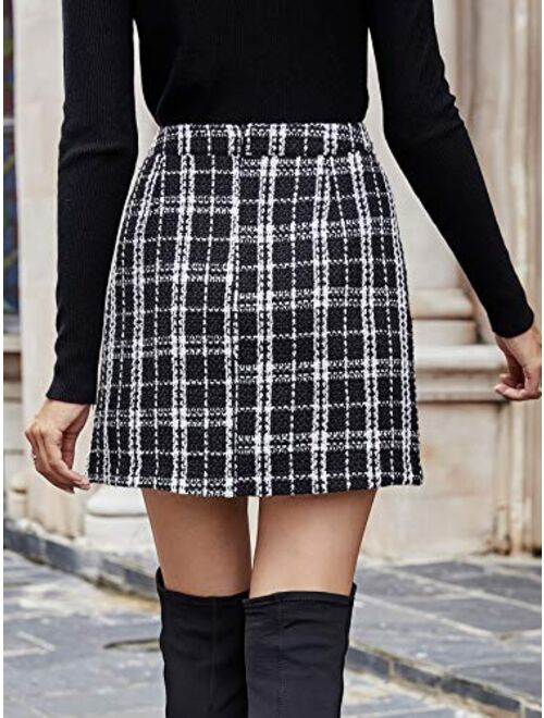 Milumia Women Elegant Plaid Button Front Mini Skirt High Waist Straight Tweed Skirt