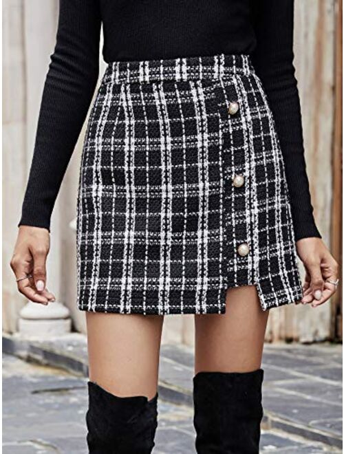 Milumia Women Elegant Plaid Button Front Mini Skirt High Waist Straight Tweed Skirt