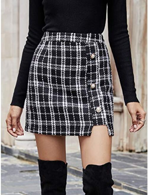 Milumia Women Elegant Plaid Button Front Mini Skirt High Waist Straight Tweed Skirt