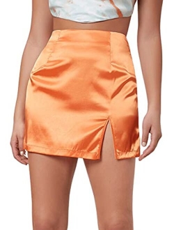 Women's Satin Skirt Split Hem Zipper Hight Waisted Straight Mini Pencil Skirts