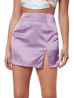 Women's Satin Skirt Split Hem Zipper Hight Waisted Straight Mini Pencil Skirts