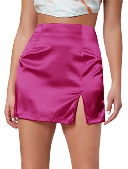 Women's Satin Skirt Split Hem Zipper Hight Waisted Straight Mini Pencil Skirts