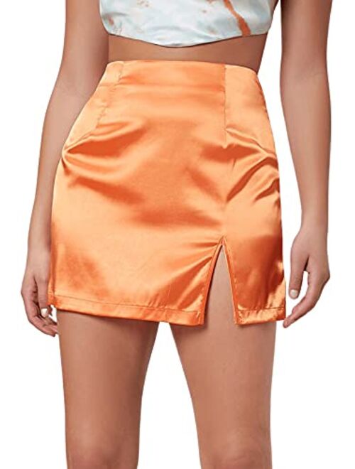 Milumia Women's Satin Skirt Split Hem Zipper Hight Waisted Straight Mini Pencil Skirts