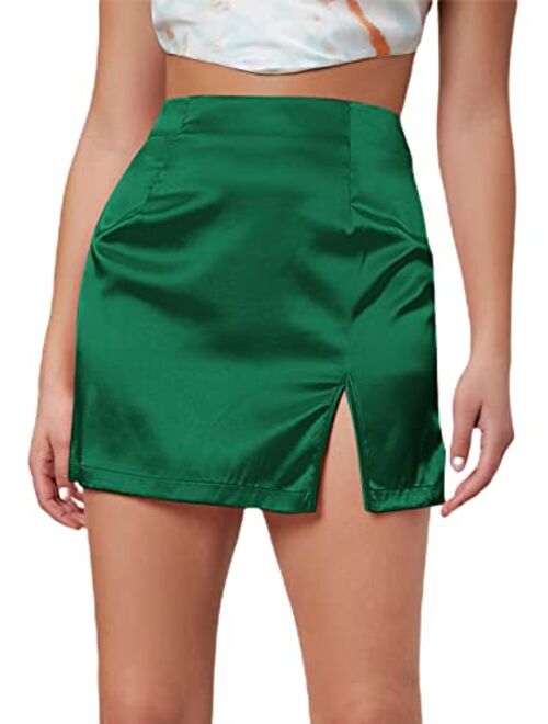 Milumia Women's Satin Skirt Split Hem Zipper Hight Waisted Straight Mini Pencil Skirts