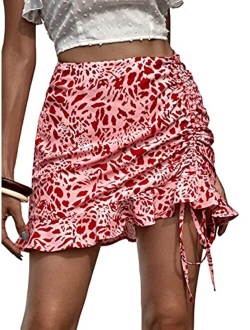 Women's Boho Floral Print Asymmetrical Ruffle Hem Drawstring Ruched Mini Skirt