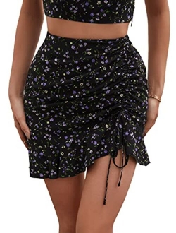 Women's Boho Floral Print Asymmetrical Ruffle Hem Drawstring Ruched Mini Skirt