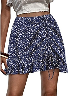 Women's Boho Floral Print Asymmetrical Ruffle Hem Drawstring Ruched Mini Skirt