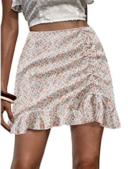 Women's Boho Floral Print Asymmetrical Ruffle Hem Drawstring Ruched Mini Skirt