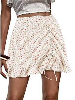 Women's Boho Floral Print Asymmetrical Ruffle Hem Drawstring Ruched Mini Skirt