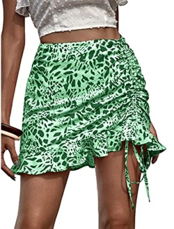 Women's Boho Floral Print Asymmetrical Ruffle Hem Drawstring Ruched Mini Skirt