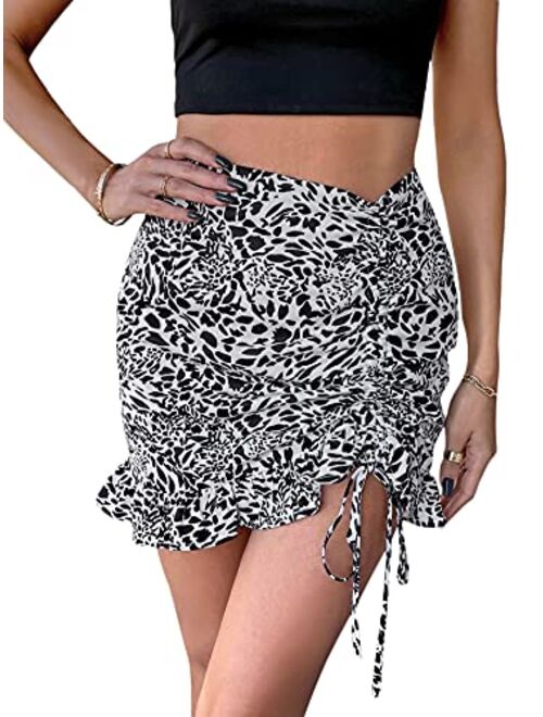 Milumia Women's Boho Floral Print Asymmetrical Ruffle Hem Drawstring Ruched Mini Skirt