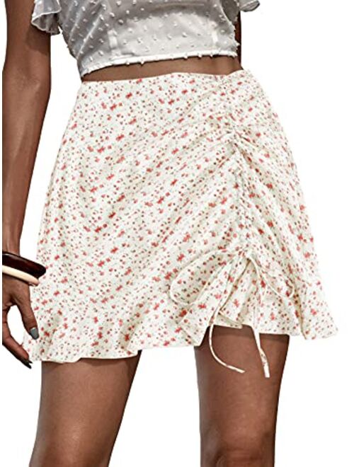 Milumia Women's Boho Floral Print Asymmetrical Ruffle Hem Drawstring Ruched Mini Skirt