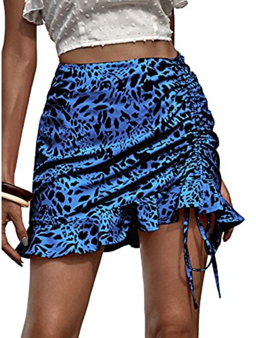 Milumia Women's Boho Floral Print Asymmetrical Ruffle Hem Drawstring Ruched Mini Skirt