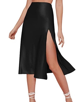 Women High Waisted Satin Midi Skirt High Split Side Zipper Solid Skirt