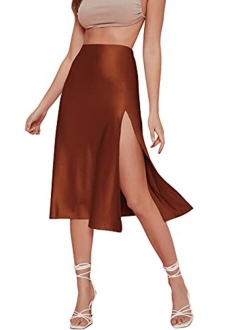 Women High Waisted Satin Midi Skirt High Split Side Zipper Solid Skirt