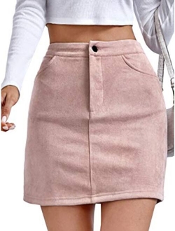 Women High Waisted Mini Skirt Button Front Solid Suede Skirt with Pockets