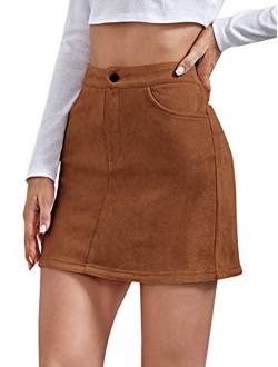 Women High Waisted Mini Skirt Button Front Solid Suede Skirt with Pockets