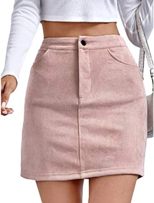 Milumia Women High Waisted Mini Skirt Button Front Solid Suede Skirt with Pockets