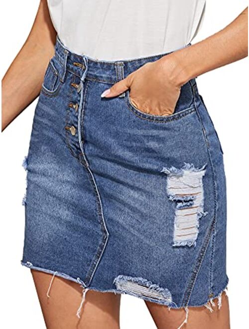 Milumia Women's High Waisted Ripped Jean Skirt Button Front Raw Hem Mini Denim Skirt
