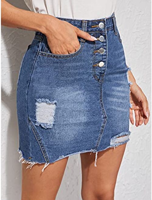 Milumia Women's High Waisted Ripped Jean Skirt Button Front Raw Hem Mini Denim Skirt