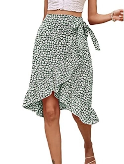 Women's Boho Floral Print Asymmetrical Ruffle Hem Knot Side Wrap Skirt