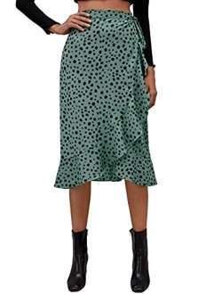 Women's Asymmetrical Ruffle Hem Wrap Skirt Dalmatian Print Knotted Midi Skirt